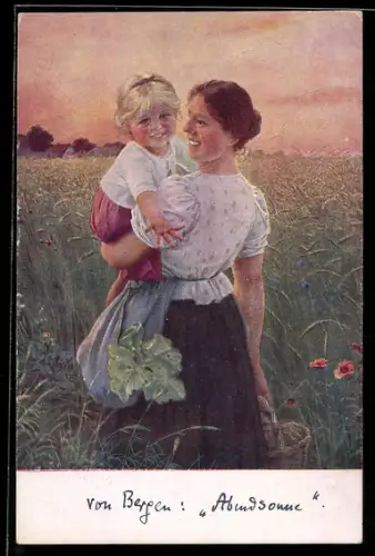 Künstler-AK sign. C. von Bergen: Abendsonne, Mutter mit Kind in einem Feld