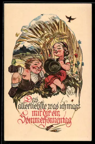Künstler-AK sign. Karl W. Schmidt: Zwei Kinder sitzen bei Ähren