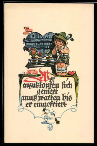 Künstler-AK sign. Karl W. Schmidt: Kind in Tracht vor einem Fenster mit Blumen