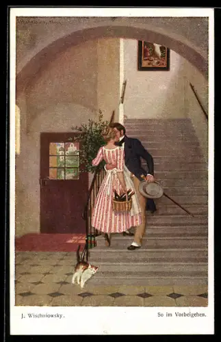 Künstler-AK sign. J. Wischniowsky: So im Vorbeigehen, Mann küsst Frau auf der Treppe