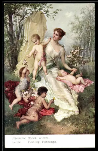 Künstler-AK sign. Lefler: Frühling, Hübsche Frau mit Kleinkindern