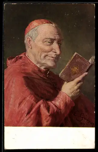 Künstler-AK sign. Eduard v. Grützner: Interessante Lektüre, Kleriker liest in einem Buch