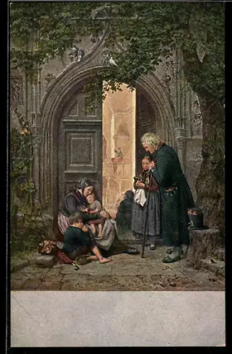 Künstler-AK sign. Th. Schüz: Predigtzuhörer vor der Kirche