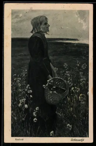 Künstler-AK sign. Kruse: Sehnsucht, ältere Dame steht auf einem Feld