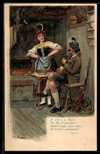 Künstler-AK sign. Kraus: Jäger mit Gewehr in einem Haus