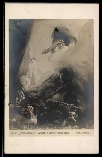 Künstler-AK sign. F. Wacik: Faun und Drache