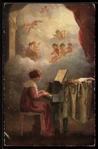 Künstler-AK sign. E. Schneider: Schuberlieder, Frau am Klavier mit Engelsorchester