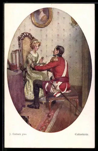 Künstler-AK sign. J. Grubeck: Galanterie, soldat in Uniform sitzt vor einer hübschen Dame