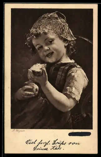 Künstler-AK sign. P. Wagner: Junges Kind in Tracht mit einem Brot