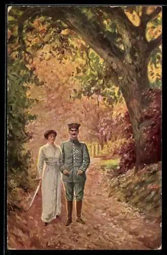 Künstler-AK sign. W. Pyka: Wieder daheim, Soldat in Uniform mit einer Dame im Wald