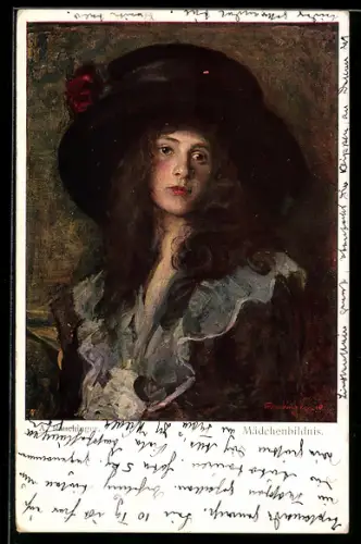 Künstler-AK sign. A. Rauchinger: Mädchenbildnis, Mädchen mit Hut
