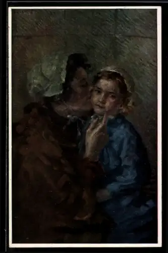 Künstler-AK sign. Alfred Rottmanner: Der Kuss, Mutter küsst ein Mädchen auf die Wange