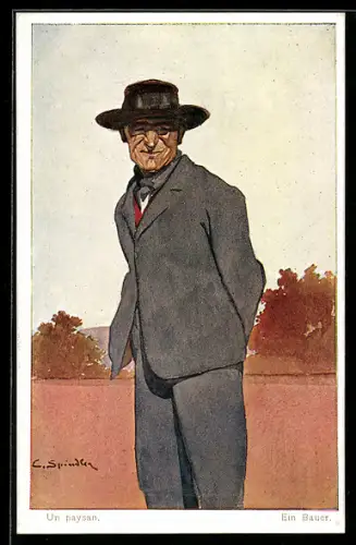Künstler-AK sign. C. Spindler: Ein Bauer, Portrait mit Hut