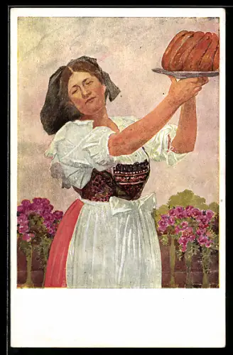 Künstler-AK sign. C. Spindler: Der Kugelhopff, Dame in Tracht mit Kuchen