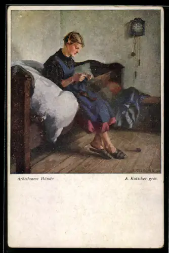 Künstler-AK sign. A. Katscher: Arbeitsame Hände, Frau bei der Handarbeit