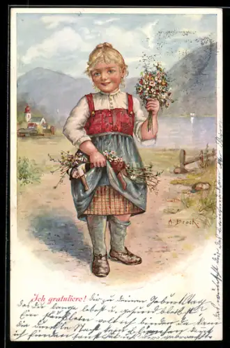 Künstler-AK sign. A. Brock: Junges Mädchen mit Blumen und Puppe in der Hand