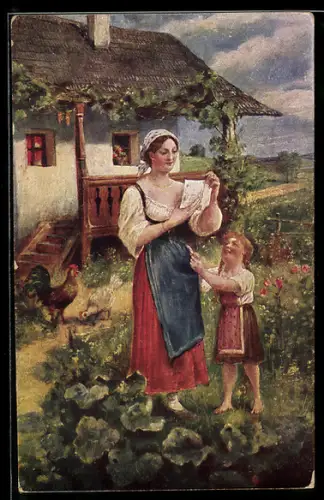 Künstler-AK sign. F. Schlegel: Ersehnter Brief, junge Frau und Kind mit einem Brief