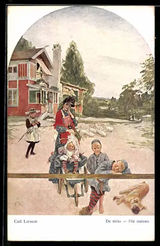 Künstler-AK sign. Carl Larsson: De mina, Junge Frau mit ihren Kindern