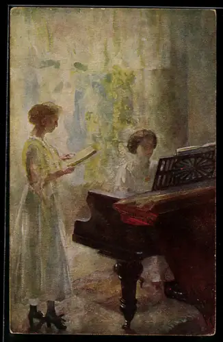 Künstler-AK sign. R. Huebner: Duett, Dame am Klavier neben einer singenden Frau