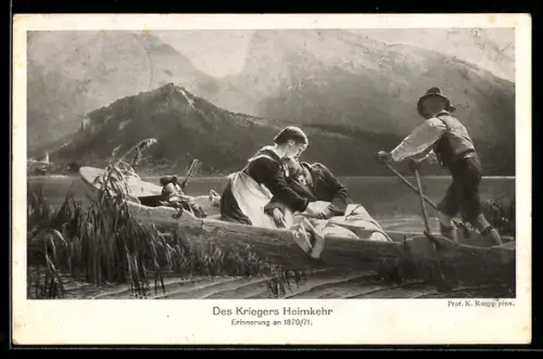 AK Reichseinigungskriege, Des Kriegers Heimkehr 1870 /71, Mädchen & Soldat im Ruderboot