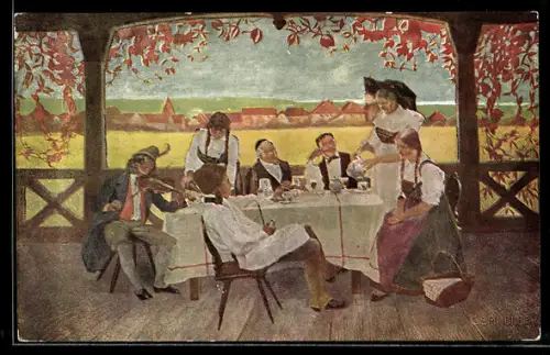 Künstler-AK sign. C. Spindler: Freund Fritz, Gesellschaft im Gasthaus