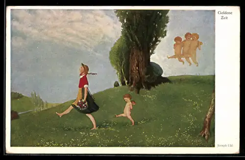 Künstler-AK sign. Joseph Uhl: Goldene Zeit, Mädchen mit Engeln auf einer Blumenwiese
