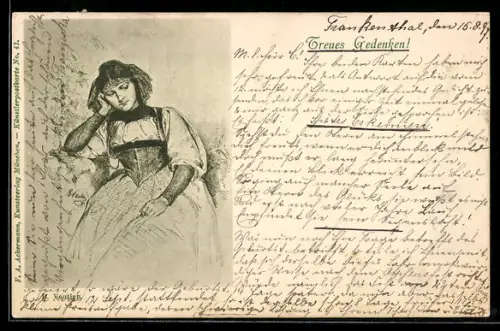 Künstler-AK sign. B. Vautier: Nachdenkliche Dame in Tracht