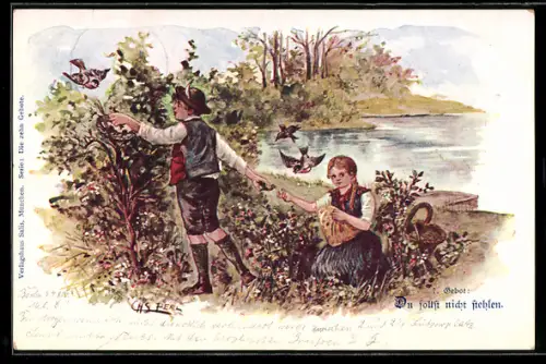 Künstler-AK sign. C. H. Perl: Kinder stehlen aus einem Vogelnest