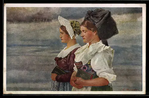 Künstler-AK Carl Spitzweg: Gläubige Frauen am Wasser in Tracht