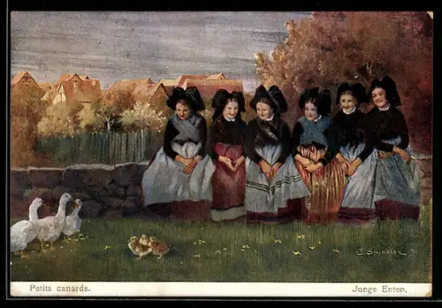 Künstler-AK sign. C. Spindler, Petits canards, junge Enten
