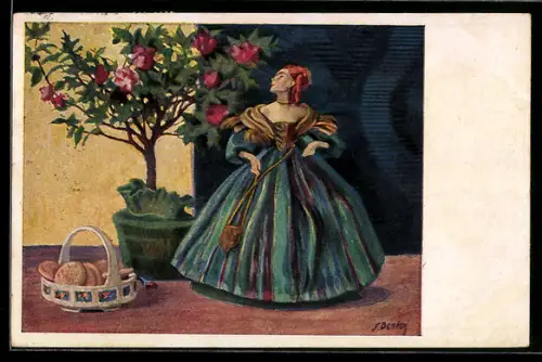 Künstler-AK sign. Sam Bender: Figur in elegantem Kleid neben einer Schüssel Kekse