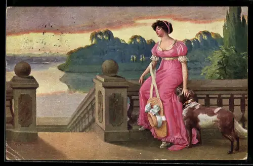 Künstler-AK T. Kroj: Elegante Dame mit ihrem Hund