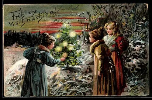 Künstler-AK O. Huber: Junge Mädchen in Winterkleidung stehen vor Weihnachtsbaum in Schneelandschaft