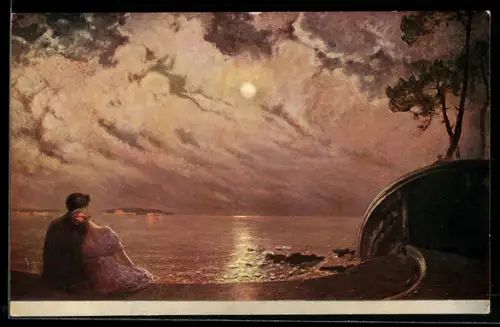 Künstler-AK sign. A. Matignon: Nocturne, Hübsches Paar sitzt am Wasser und sieht in den Himmel