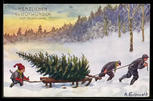 Künstler-AK sign. A: Grönvold: Gruppe zieht einen Schlitten mit Tannenbaum durch den Schnee