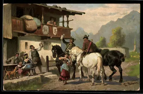 Künstler-AK sign. L. Braun: Gruppe vor einem Haus im Gebirge
