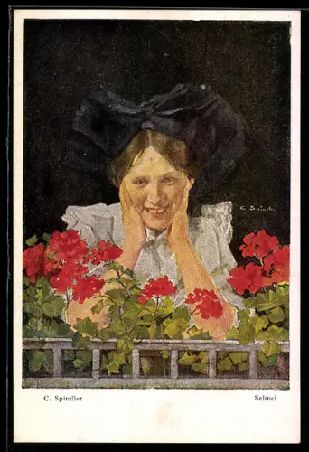 Künstler-AK sign. C. Spindler: Lachende Dame über einem Blumenkasten