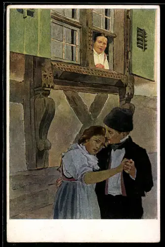 Künstler-AK sign. C. Spindler: Ältere Frau belauscht junges Paar