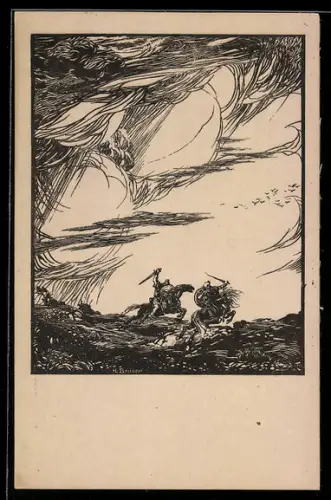 Künstler-AK sign. Hugo L. Braune: Kampf auf der Heide