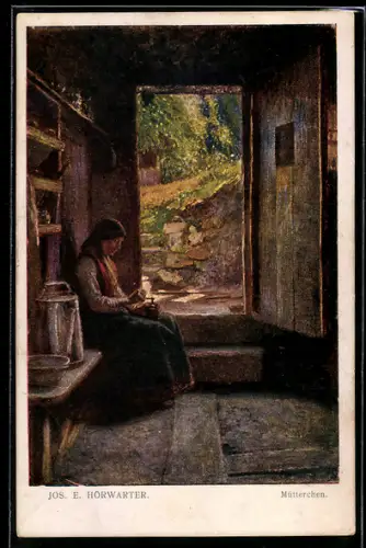 Künstler-AK Jos. E. Hörwarter: Dame mit Kaffeemühle in der Stube
