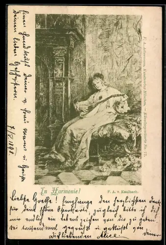 Künstler-AK sign. F. A. v. Kaulbach: Elegante Dame mit Laute