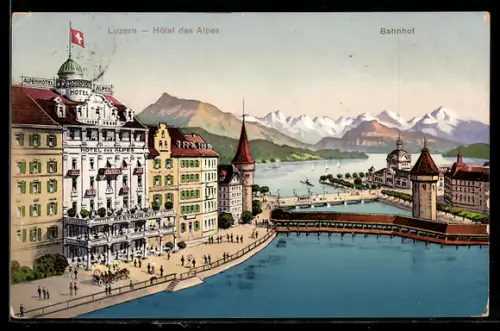 AK Luzern, Hotel des Alpes, Bahnhof