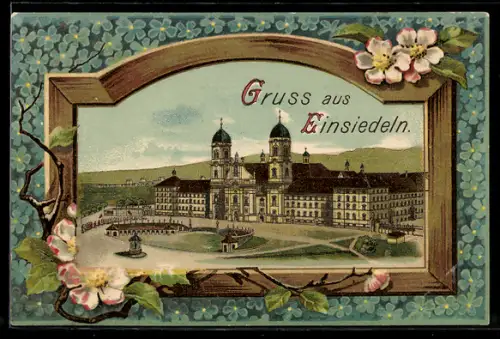 Künstler-AK Einsiedeln, Kloster mit Strassenpartie, Vergissmeinnicht, Passepartout