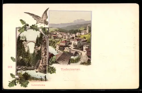 AK Tiefenkasten / Tiefencastel, Blick zur Solisbrücke, Ortsansicht, Greifvogel