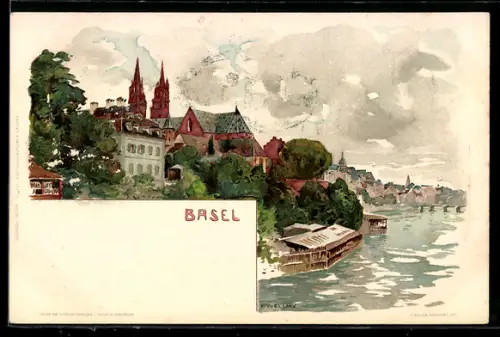 Künstler-AK Fritz Voellmy: Basel, Rheinpartie mit Blick auf die Stadt
