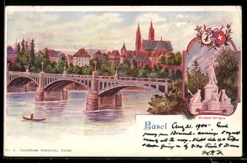 Lithographie Basel, Uferpartie mit Kirche und Brücke, St. Jakob-Denkmal