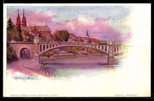 AK Basel, Teilansicht mit Brücke und Strassenbahn