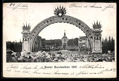 AK Basel, Basler Bundesfeier 1901, viele Menschen