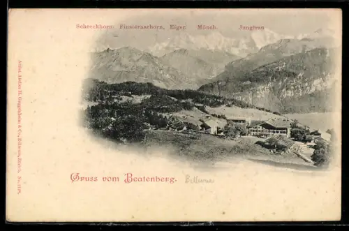 AK Beatenberg, Ortsansicht mit Schreckhorn, Finsteraarhorn, Eiger