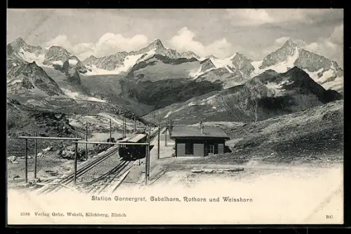 AK Gornergrat, Station der Bergbahn mit Rothorn & Weisshorn